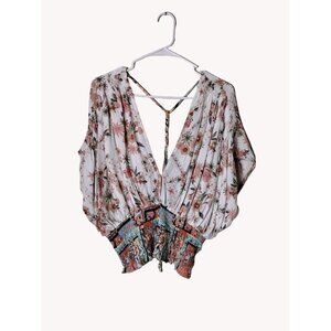 ee some Top Large Floral Elastic Waist Deep V Tie Neck